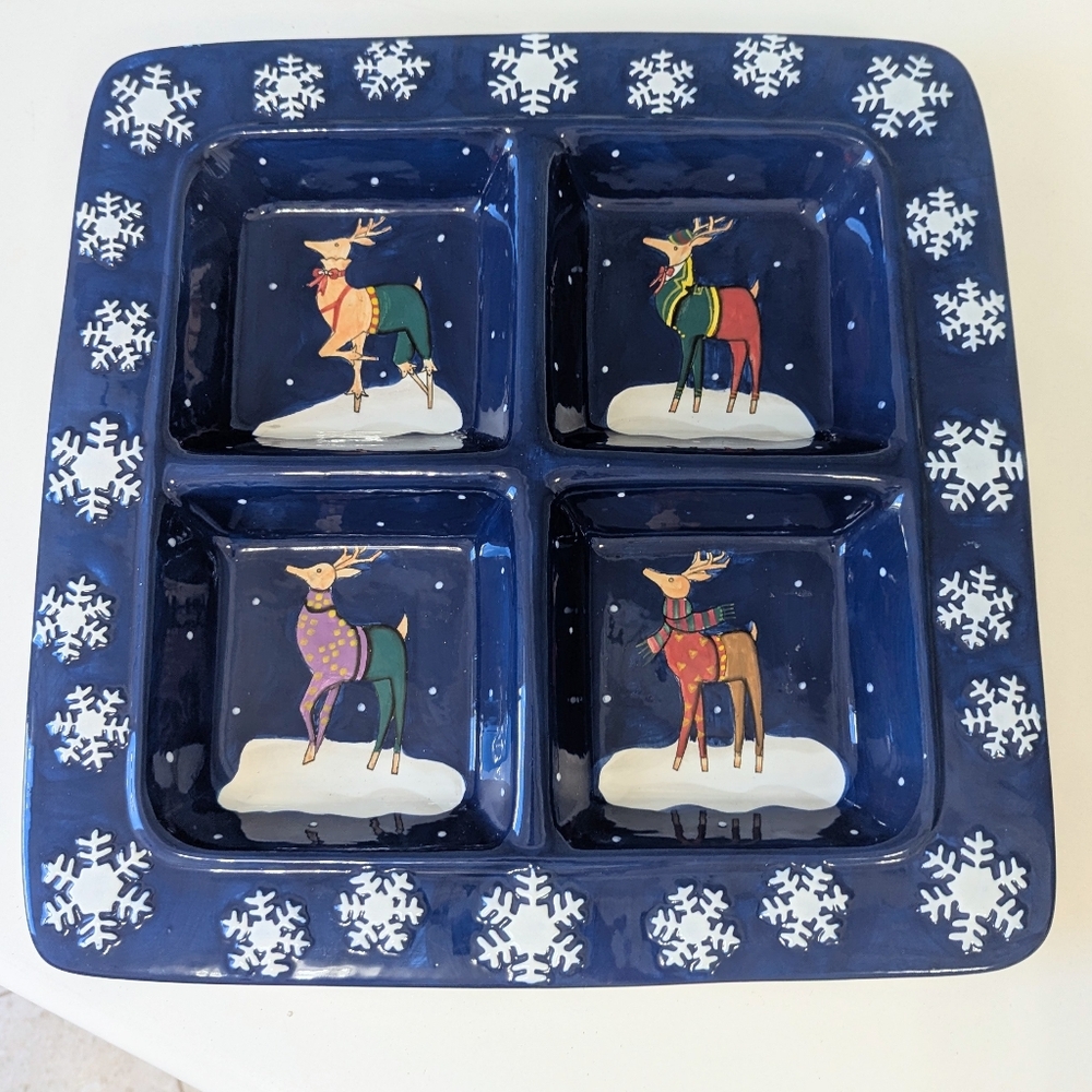 Rebecca Ruegger CIC Reindeer Serving Platter Blue Christmas Theme Square